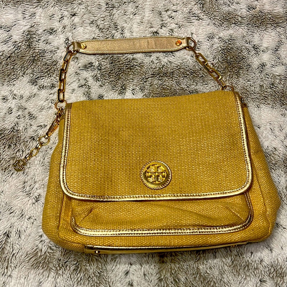 Tory Burch gold leather and straw bag